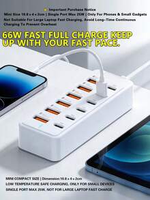12口USB充電集線器 66W (6個Type-C PD + 6個USB-A)，單口最高25W，僅適用於手機與小型電子設備，不支援筆電快充，迷你桌面充電站，不含線材 - 白色 - 查看 2