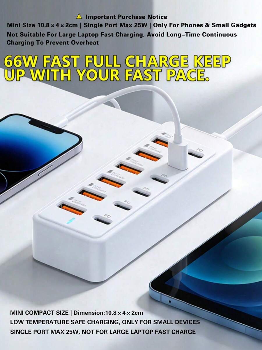 12口USB充電集線器 66W (6個Type-C PD + 6個USB-A)，單口最高25W，僅適用於手機與小型電子設備，不支援筆電快充，迷你桌面充電站，不含線材