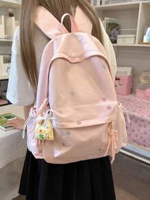 清新刺繡小碎花圖案後背包，大容量多口袋學院風學生書包，輕量耐用防水布料，寬鬆大隔層可放書籍、雜誌、筆電，前口袋可收納個人物品，側面抽繩口袋可放水壺與雨傘，寬肩墊肩帶舒適適合長時間背負，適用於學校、補習、通勤、購物、旅行，開學季推薦 - 彩色 - 查看 6
