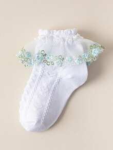 4 Pairs Girls Baby Spring/Summer White Ruffle Trim Pleated Socks With Hollow Heart Pattern, Lace Pink Embroidered Floral Multi-Trim Mesh Breathable Fashion Princess Socks, Dance Socks, Suitable For Home Daily Wear/Travel/Back To School (Fits 0-12 Years) - Multicolor - View 6