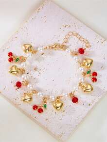 1pc Cute Cherry Bracelet, Elegant Faux Pearl Hand Accessory, Sweet Versatile Jewelry - Gold - View 4