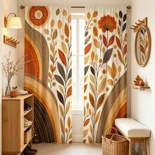 2pcs Boho Autumn Rainbow Leaf Sheer Curtains, 90GSM Privacy Polyester Curtain, Washable Fade-Proof For Home Kitchen Decor & Partition. - Multicolor - View 5