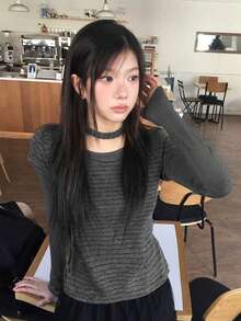 Women's Korean Vintage Patchwork Striped 2 In 1 Long Sleeve Turtleneck Knit Base Layer Top Casual - Black and Gray - View 1