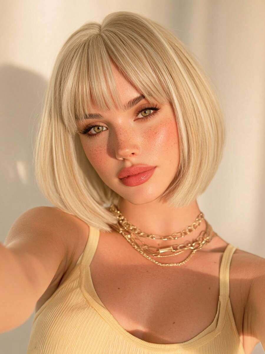 NAMM Wig Bob Pendek Lurus Pirang Elegan 12 Inci dengan Poni, Wig Serat Sintetis Tahan Panas yang Modis dan Alami untuk Pemakaian Sehari-hari dan Pesta Wanita