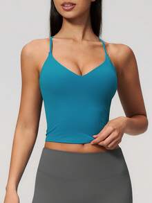 NcmRyu Women's 1pc Solid Color Adjustable Thin Criss-Cross Back Strap V-Neck Waist-Exposing Camisole - Blue - View 7