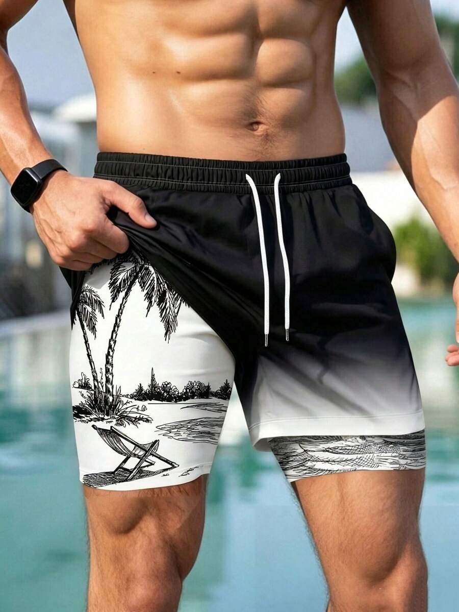 Men's Beach Vacation Printed Lining Double-Layer Shorts, Mesh Fabric - Multicolor - View 1