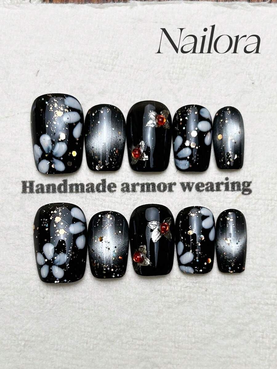 10 piezas de uñas acrílicas cuadradas hechas a mano para pegar, uñas cortas negras con purpurina, flores pintadas a mano, efecto ojo de gato, gemas de uñas y strass, uñas de verano, arte de uñas postizas DIY para fiesta, uso diario, citas, graduación, vacaciones, atuendos para mujer y niña, regalo, suministros de uñas - Negro - Ver 1