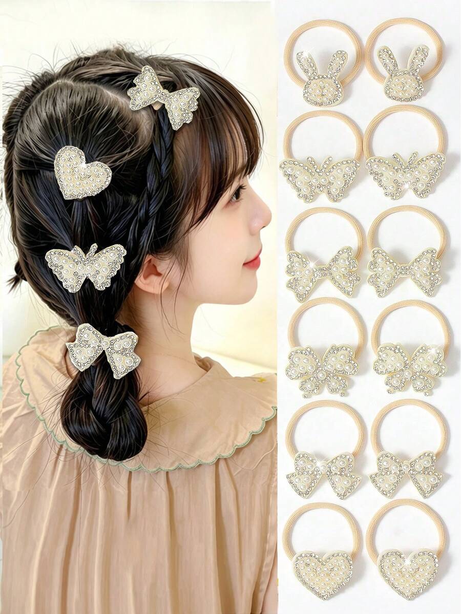 10 piezas de ligas para el cabello de la serie dulce blanca con strass brillante, cuerdas para el cabello de perlas premium, accesorios para el cabello exquisitos para niñas, accesorios para la cabeza frescos y lindos, que incluyen patrones de lazo, conejo y corazón, adecuados para uso diario, fiestas y viajes