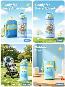 Kids Stainless Steel Vacuum Insulated Water Bottle, Leakproof Pop Up Straw Tumbler With Carry Handle, Cartoon Pattern Thermal Cup For Toddler School Outdoor - Blue - View 9