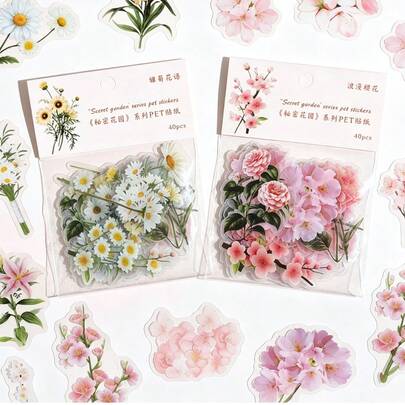 40 Pcs/Pack Vintage Realistic Plant Flower Leaf PET Stickers, Transparent Waterproof Irregular Floral Decals, DIY Decorative Stickers For Scrapbook Journal Water Bottle Laptop Craft Home Decor