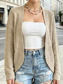 Elegaris Women's Textured Knit Long Sleeve Cardigan, With Open Collar, Regular Length, Slightly Stretchy Fabric, Perfect For Spring And Autumn Wear. - Apricot - View 1