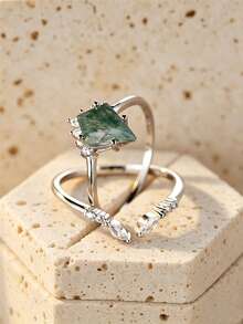 1pc Elegant Sterling Silver Princess Cut Green Agate With Cubic Zirconia & Small White Stones Bridal Set Ring, Suitable For Engagement, Anniversary, Birthday, Or Wedding Gift - Green - View 3