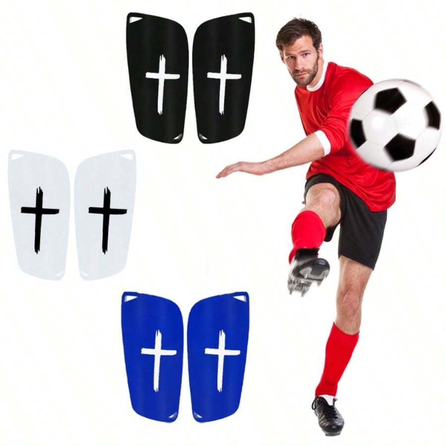1 Pair Cross Pattern Football Shin Guards, Black/White/Blue - 3 Colors Available, High Quality, Durable And Lightweight, Comfortable Fit Design, Outdoor Sports Football Equipment Accessories - Suitable For Cycling, Running And More - Cross Shin Guard - View 1