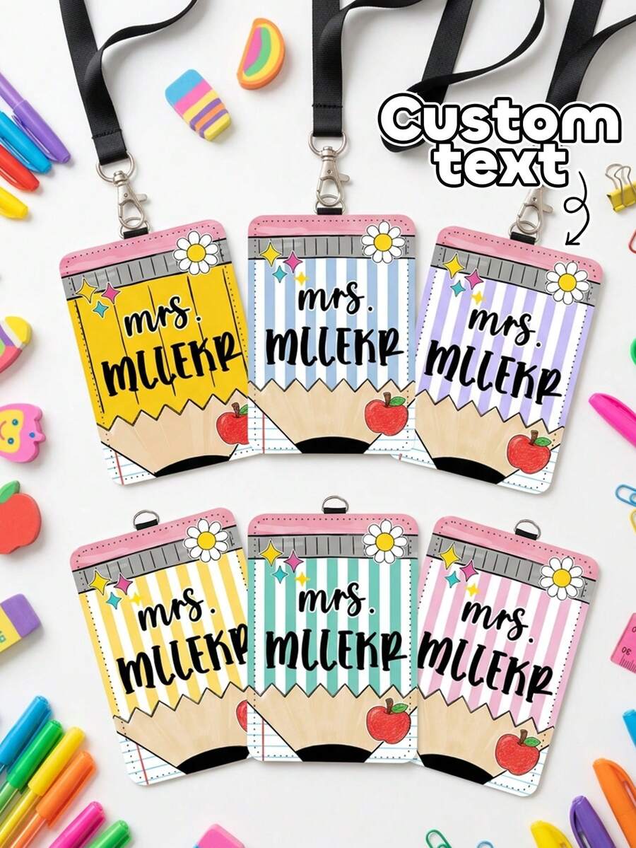 1pc Custom Teacher Giant Pencil ID Badge Holder,Personalized Striped Staff Name Tag,Teacher Appreciation Gift,Back To School,Luggage Tag,ID Card Cover - Multicolor - View 1