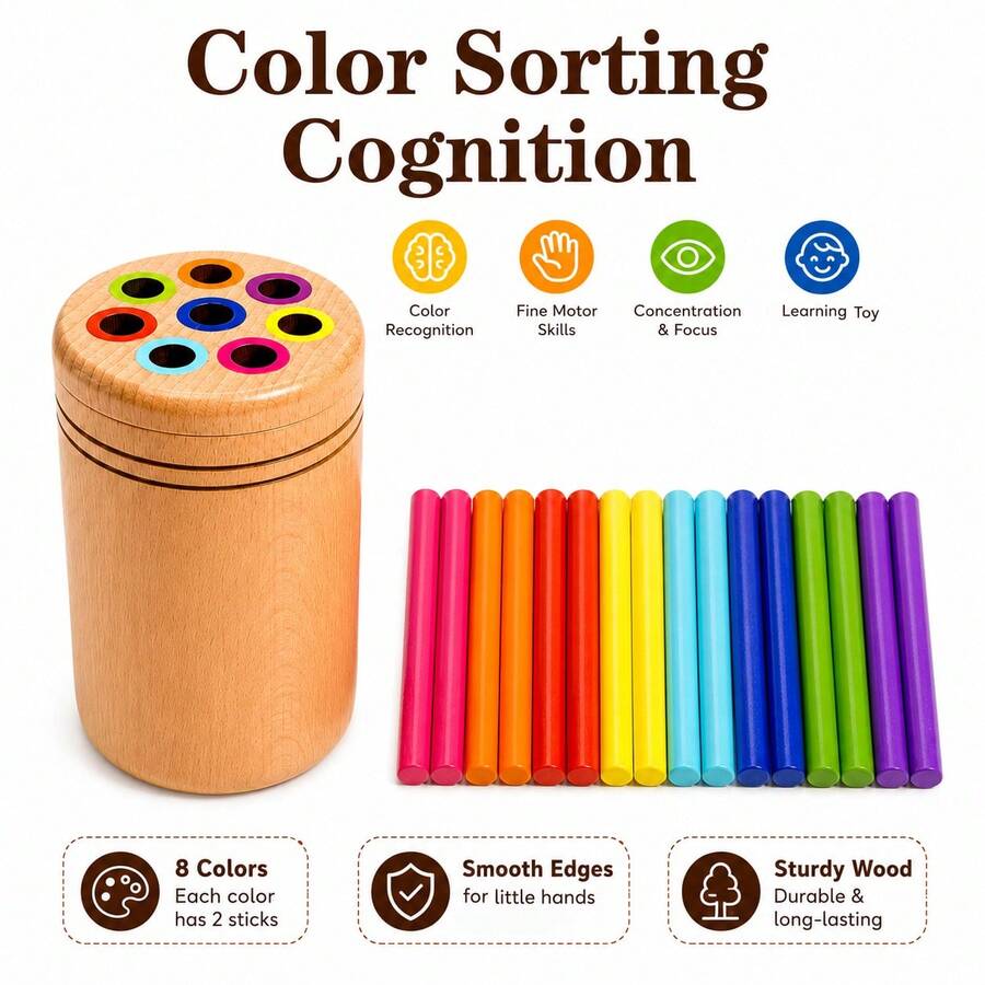 Wooden Rainbow Stick Color Sorting Cup, Color Sorting And Number Counting Game, Helps Hand-Eye Coordination And Sensory Training, Suitable For Birthday Gifts And Christmas Gifts