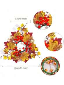 Autumn Candle Ring Wreath, Artificial Maple Leaves With Red Berries, Mixed Autumn Candle Holder Tabletop Centerpiece Decor, Yellow Orange Red Color Scheme, Round Candle Wreath, Suitable For Christmas, Thanksgiving, Wedding, Home, Dining Table, Party Decoration - Multicolor - View 6