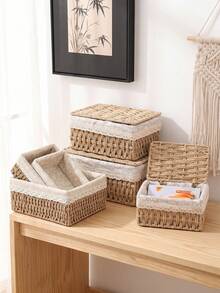 3Pcs S+M+L Lidded & Lidless Woven Storage Baskets, Bohemian Desktop Organizer For Keys Cosmetics Snacks Stationery Toys, Decor Bin Coffee Table Entryway Living Closet, Reusable Woven Tray, Holiday Gift Basket For Home Desktop Sorting Decor Storage - Khaki - View 3