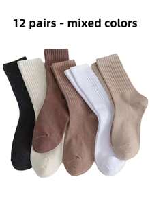12 Pares/6 Pares de Meias de Cano Médio de Cor Sólida para Mulheres, Meias Esportivas Casuais Simples e Versáteis com Nervuras, Confortáveis e Respiráveis, Adequadas para o Uso Diário, - Multicolorido - Visão 10