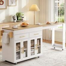 Mobile Kitchen Island/Kitchen Trolley With Wheels, Extendable Bar Table With Storage Space, Kitchen Cabinet With Glass Doors - White - View 6
