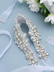1 pieza Cinturón nupcial de mujer con aplique de diamante y cinta de satén de aleación de plata, accesorio para ceremonia de boda, decoración de cintura para la novia - Blanco - Ver 11