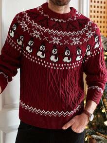 Christmas Snowman Vintage Style Round Neck Cable Knit Sweater - Red - View 4