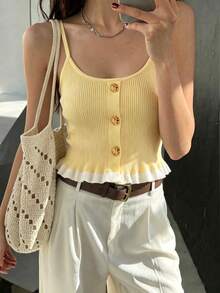 Women's Yellow Ribbed Knit Camisole, Tie-Front Ruffle Trim Camisole, Casual Cropped Tank Top For Summer - Yellow - View 2