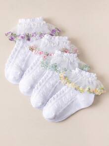 4 Pairs Girls Baby Spring/Summer White Ruffle Trim Pleated Socks With Hollow Heart Pattern, Lace Pink Embroidered Floral Multi-Trim Mesh Breathable Fashion Princess Socks, Dance Socks, Suitable For Home Daily Wear/Travel/Back To School (Fits 0-12 Years) - Multicolor - View 12