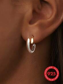 1 pieza Pendientes de aro asimétricos elegantes de plata de ley 925, de moda para uso diario, fiestas, viajes, regalo para mujeres - Plateado - Ver 1