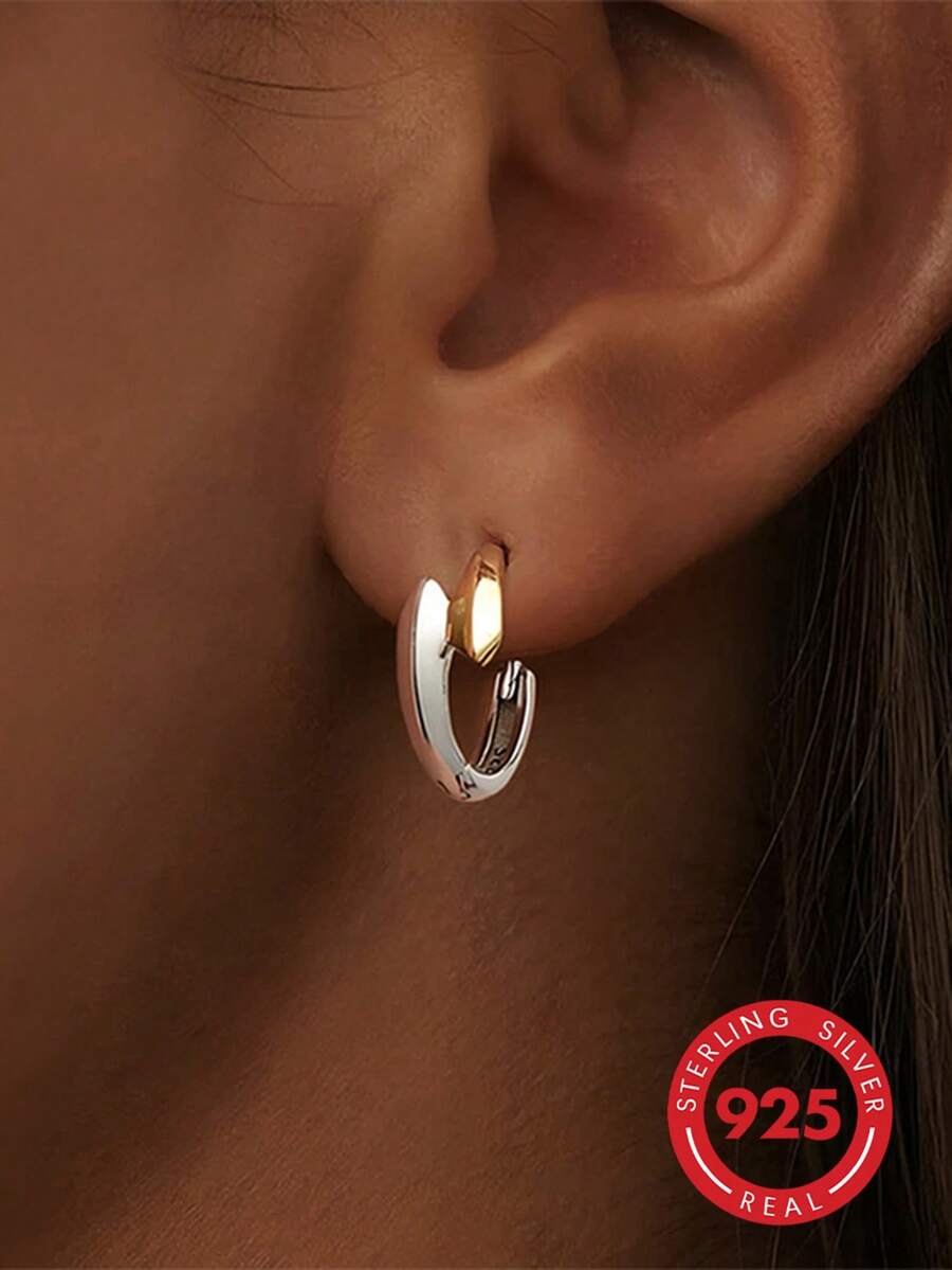 1 pieza Pendientes de aro asimétricos elegantes de plata de ley 925, de moda para uso diario, fiestas, viajes, regalo para mujeres - Plateado - Ver 1