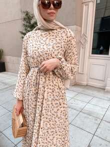 Gaun Maxi Motif Clara Arab Gaya Baru untuk Liburan Musim Gugur - Krem - View 6