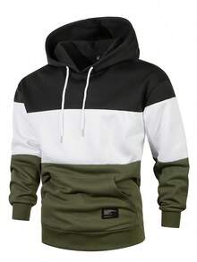 Men's Colorblock Warm Autumn/Winter Fashion Versatile Thermal-Lined Hooded Sweatshirt - Black and White - View 4