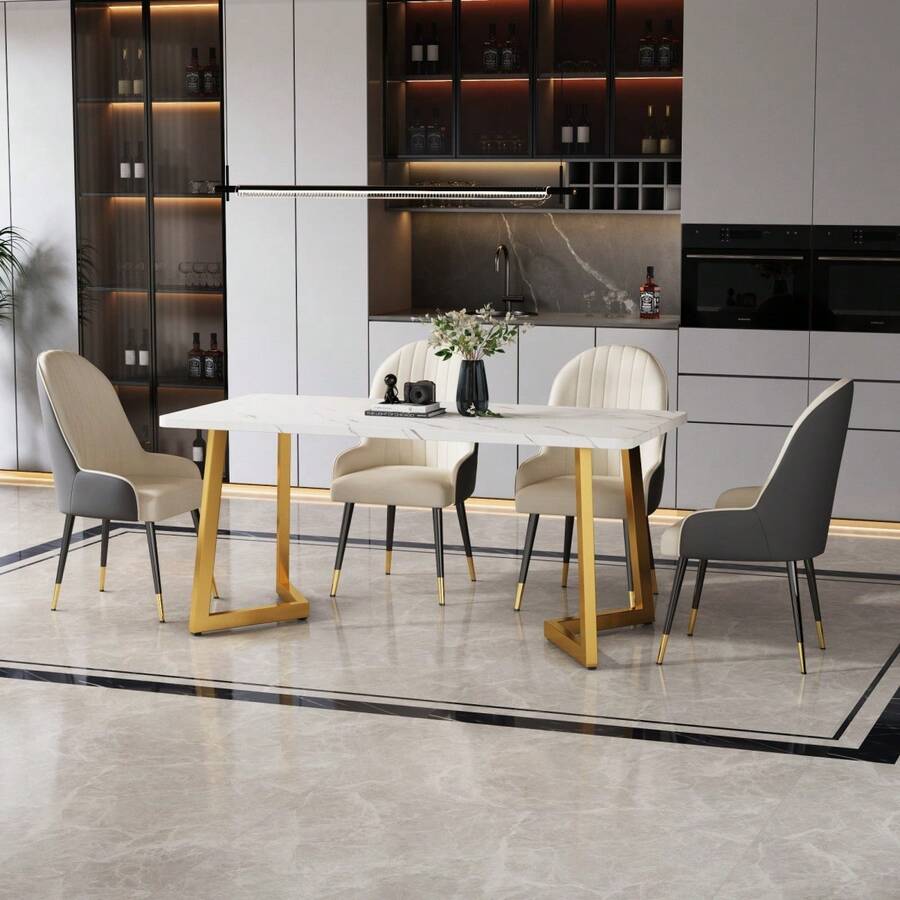 117 X 68 Cm Dining Table / Modern Marble Pattern Rectangular Dining Table / Dining Table Made Of MDF / Table Frame Made Of Metal / With Metal Legs / Suitable For Dining Room And Living Room - 金色+白色 - 查看 1