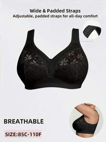 Sujetador sin aros para mujer talla grande, transpirable, antideslizante, con patchwork de encaje, push-up con fuerte soporte, tirantes ajustables, sin costuras, adecuado para uso diario y diversas ocasiones - Negro - Ver 6