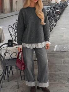 Women's Lace Patchwork Casual Versatile Daily Wear Knit Top - Grey - View 5