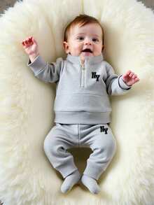Infant Cartoon Pattern Warm High Neck Sweatshirt Jacket And Sweatpants - Grey - View 3