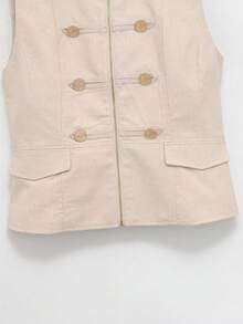 Women's Solid Color Vintage Military Style Stand Collar Sleeveless Vest, Spring/Summer - Khaki - View 4