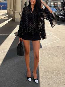 VIBEWAVE French Style Black Polka Dot Bow Collar Sheer Chiffon Blouse Women Multi-Layer Ruffle Flare Long Sleeve Top - Black - View 9
