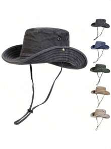 1pc Men's Solid Color Bucket Hat, Outdoor Fishing Hiking Sun Hat, Wide Brim Casual Sun Protection Hat, Suitable For Spring/Summer Travel, Beach, UV Protection - Multicolor - View 1