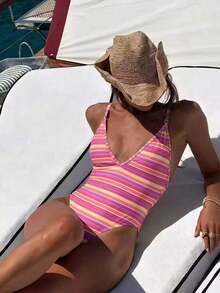 Ladies' Pink & Black Vertical Stripe Deep V Bikini One-Piece Swimwear, Backless Beach Vacation Hot Girl Swimwear For 2026 Spring & Summer - Multicolor - View 2