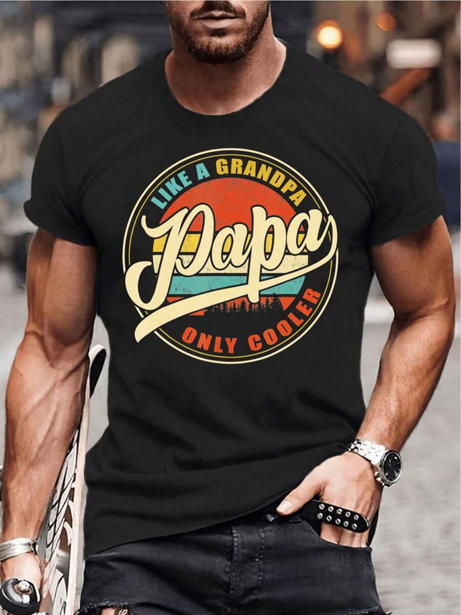 Camiseta divertida para hombres "Papá como un abuelo solo que talla grande genial" - Camiseta casual de cuello redondo con eslogan de abuelo & papá genial, ajuste para todas las estaciones, lavable a máquina para uso casual - Negro - Ver 1