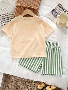 2pcs/Set Girls Toddler Cute Minimalist Fresh Ocean Animal Print Short Sleeve T-Shirt + Striped Shorts Casual Versatile 2-Piece Outfit - Apricot - View 2
