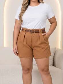 Short Plus Size Social Tailoring With Elegant Belt High Waist - Camel - View 3