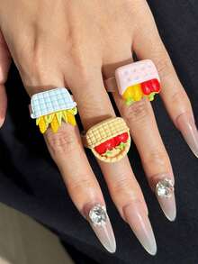 Juego de 3 anillos de resina con diseños lindos y coloridos de verduras: cesta, maíz, tomate y chile, set de anillos de dopamina coloridos de verano - Multicolor - Ver 2