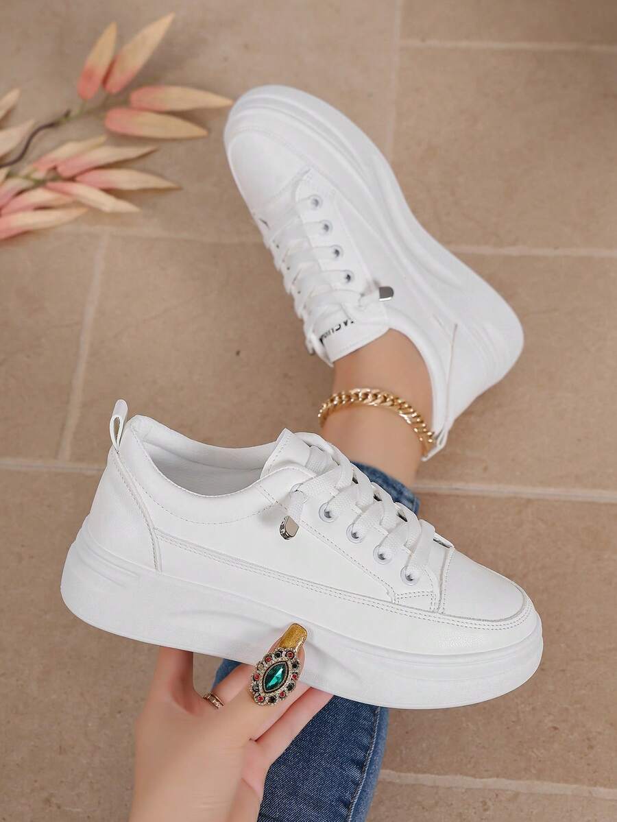 Women's Height-Increasing Solid Color Round Toe Lace-Up Thick Sole Casual Shoes, Minimalist Sporty Style For Daily Commute, Spring/Summer White Sneakers - White - View 1