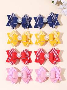 2pcs Grid Fabric Bow Hair Clips,PU Fabric Cute Sweet Alligator Clips,Elegant Faux Pearl Decor Hair Barrettes,Festival&School Teens Hair Accessories - Multicolor - View 1