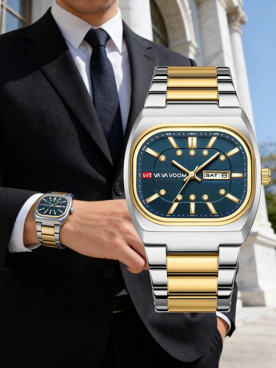 VA VA VOOM Nuevo Reloj Original para Hombre con Correa de Acero Inoxidable, Caja Rectangular Redondeada de 2.4cm de Ancho de Correa, Ventana de Calendario+Semana, Doble Función, Reloj de Negocios