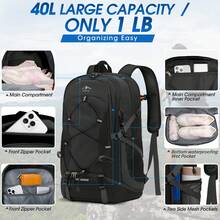 Wanderrucksack Herren Damen 40L Wasserdichter Rucksack Groß Faltbarer Trekkingrucksack Leicht Reiserucksack Für Klettern Bergsteigen Reisen Schwarz - Schwarz - Übersicht 5