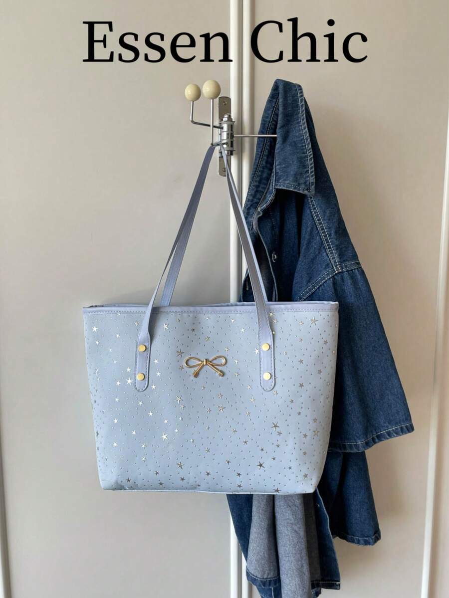 1pc Blue Large Capacity Star Pattern Nylon Tote Bag Women's Shoulder Bag - Blue - View 1