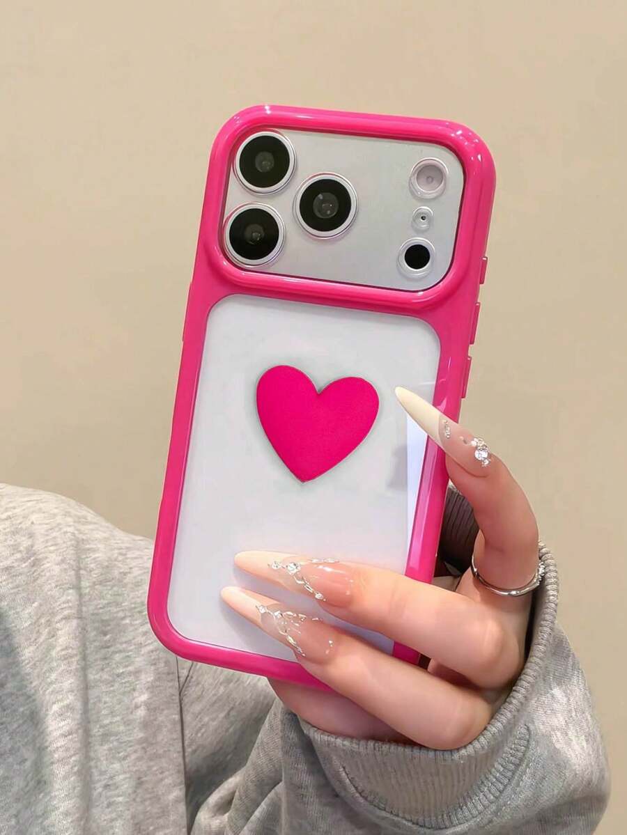 جراب هاتف Ins Dopamine وردي أحمر بتصميم بسيط شفاف فاخر إبداعي على شكل قلب DIY بنافذة كبيرة متوافق مع Apple 18 Pro Max 17 16 Pro Max 15 14 13 للأزواج والنساء تغطية كاملة واقي ضد السقوط - روز أحمر - مشاهدة 1