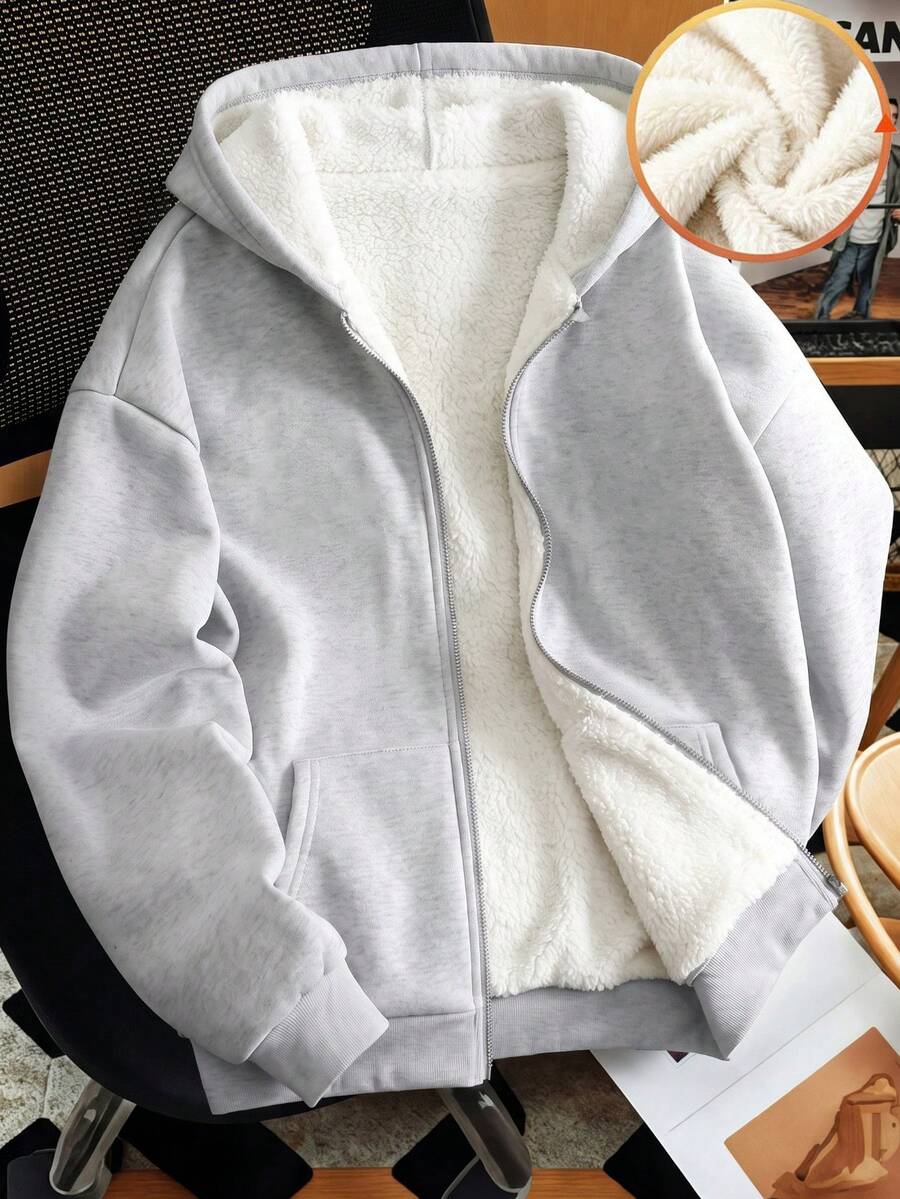 1pc Tween Boys' Casual Sports Fashion Versatile Thermal Lined Thickened Hooded Zip-Up Jacket With Pockets, Grey, Autumn/Winter - Grey - View 1